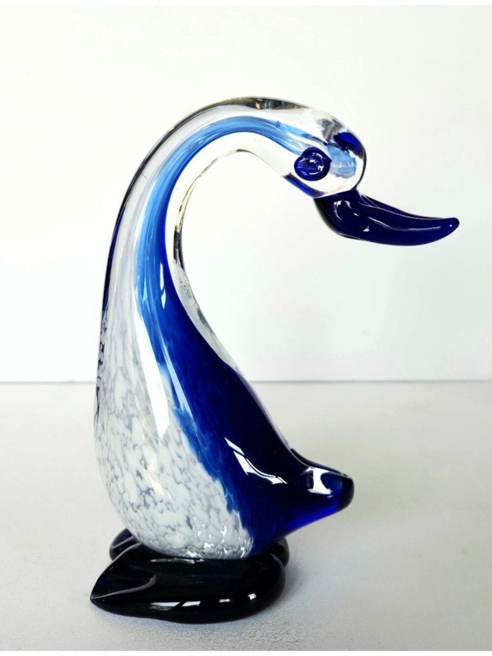 Murano-Style Hand Blown Glass Duck Figurine Blue & White Speckled Design 8" Tall